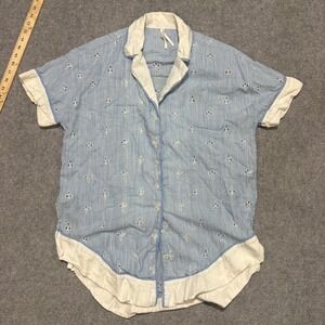 Anthropologie‎ Blue White Striped Eyelet Ruffle Hem Button Down Shirt XS